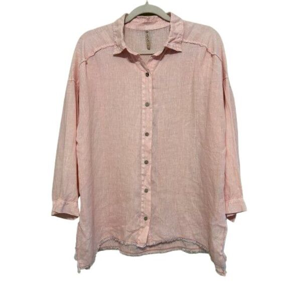 XCVI  100% Linen Button Up Top Womens XL Peach Pink 3/4 Sleeve Raw Hem Coastal - Picture 1 of 7
